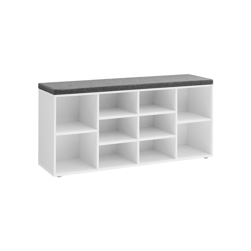 White Vasagle shoe storage bench with grey seat cushion and 10 open compartments