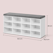 White shoe storage bench with 12 compartments and padded seat by Vasagle