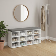 Shoe storage bench in a hallway entryway setting
