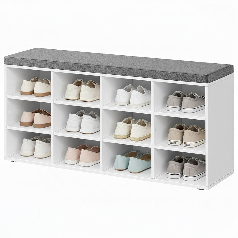 Shoe storage bench filled with 12 pairs of shoes