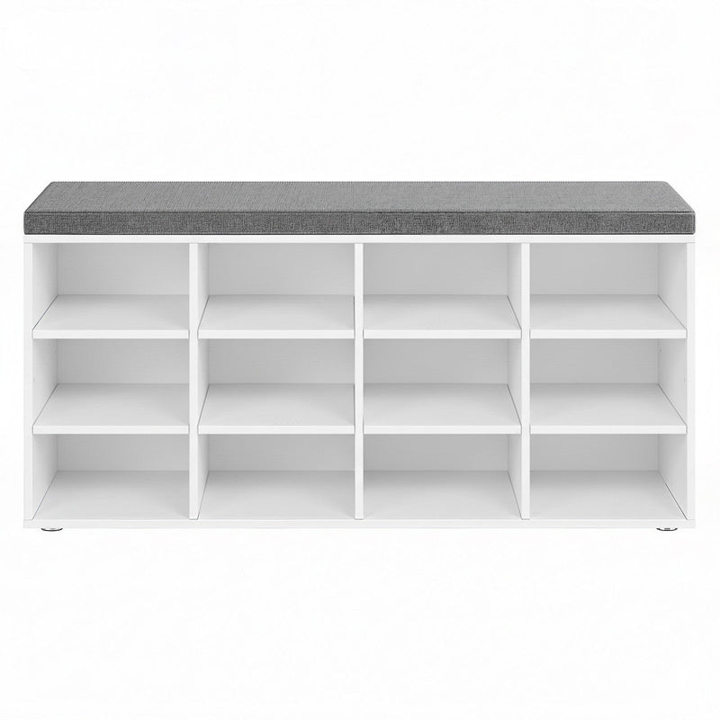 Front view of empty white shoe storage bench with grey cushion