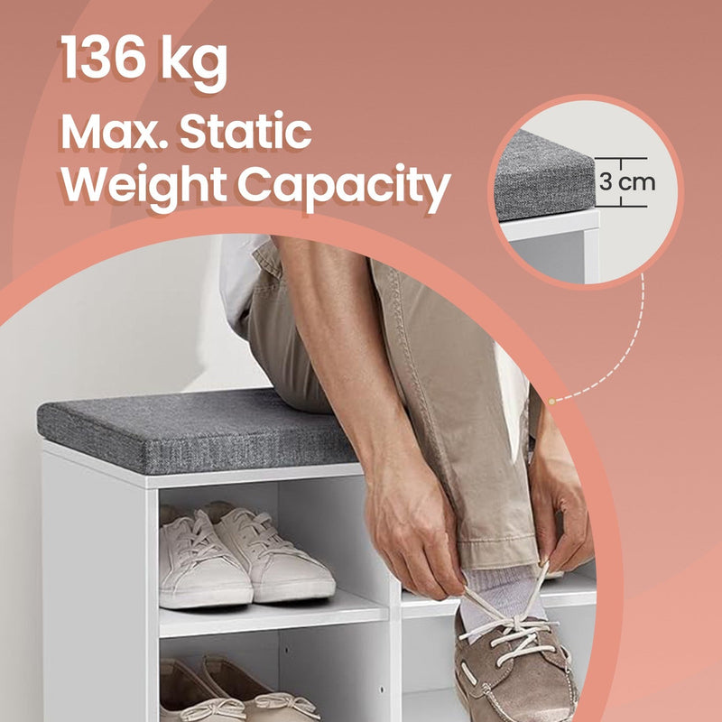 Close-up demo of a person sitting on the cushioned seat putting on shoes, with the cushion thickness and 136 kg max static weight capacity labelled
