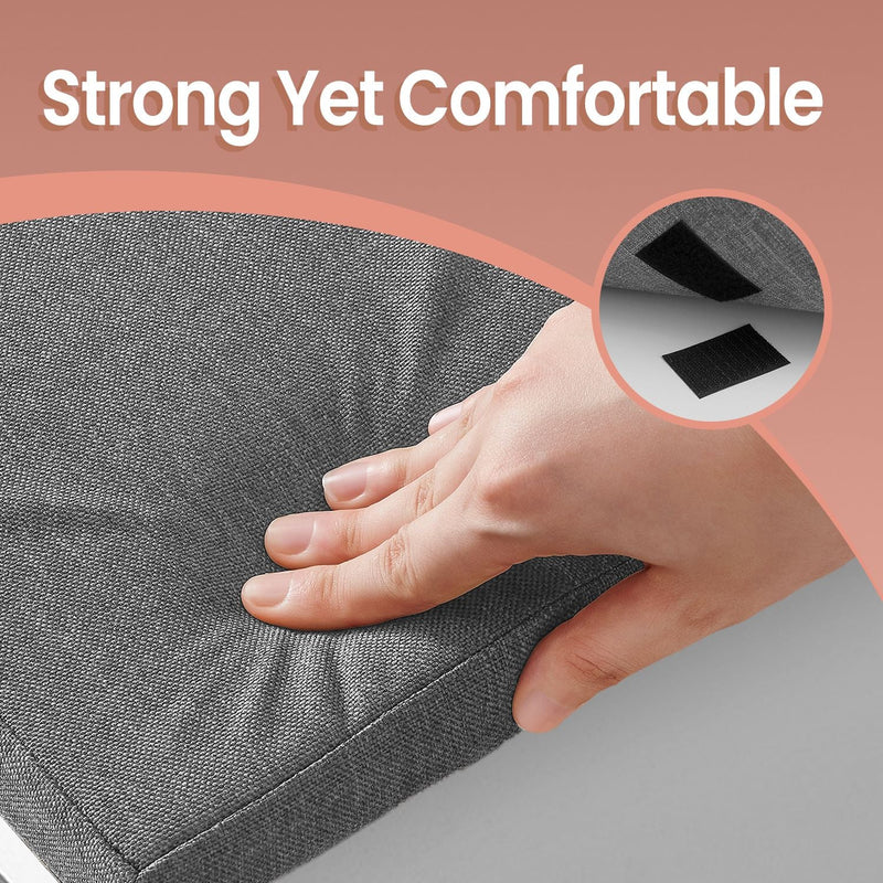 Close-up demo of the cushion fabric being lifted to show the hook-and-loop fastening strips underneath