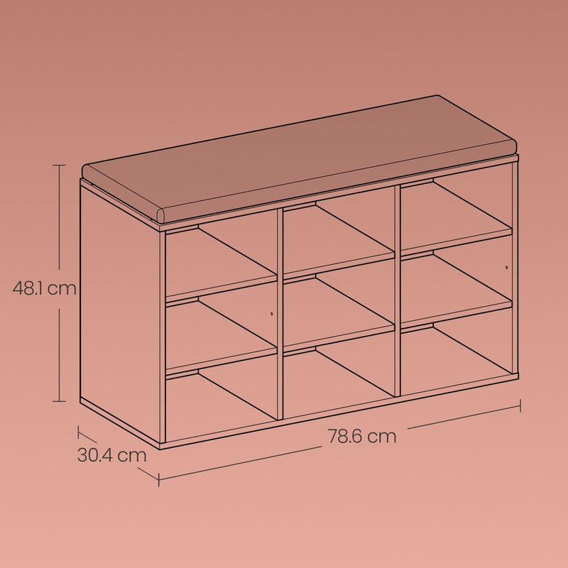 Labelled dimensions diagram of the bench showing 78.6 cm length, 30.4 cm depth and 48.1 cm height