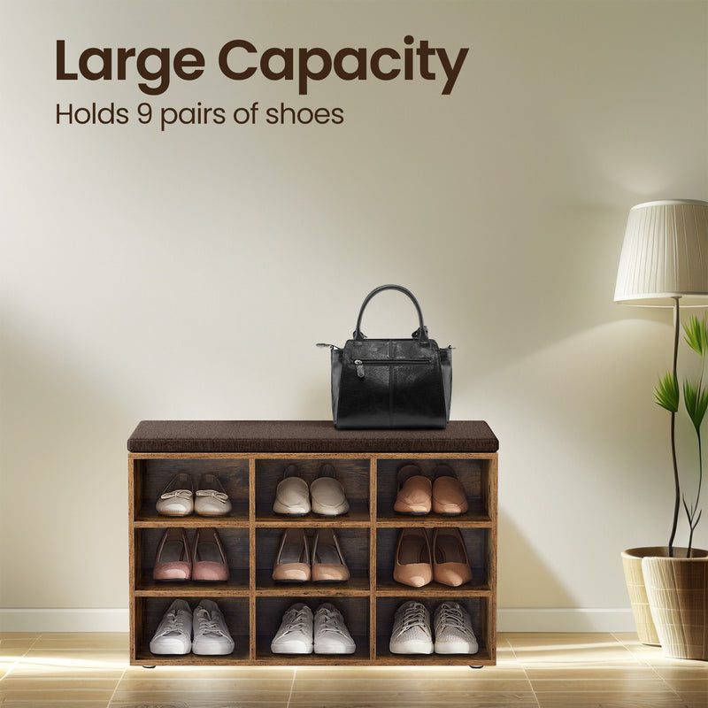 Vasagle shoe storage bench in rustic brown with 9 compartments holding shoes