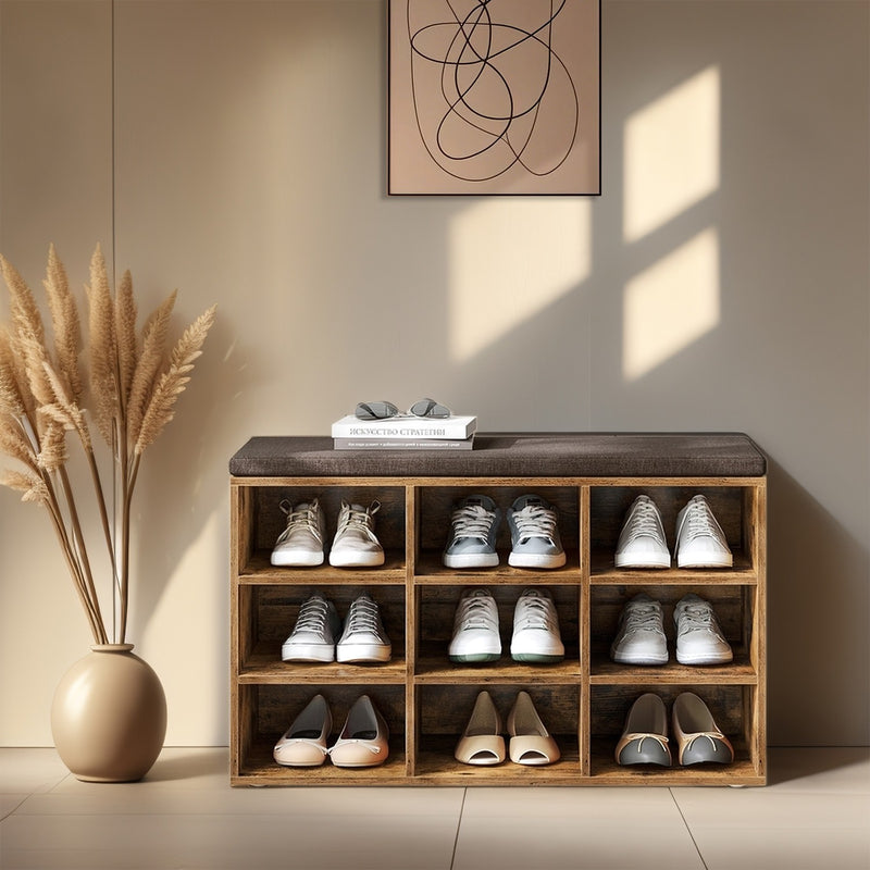 Vasagle shoe bench styled in a hallway entryway