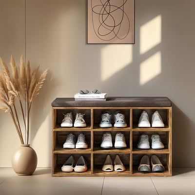 Vasagle shoe bench styled in a hallway entryway