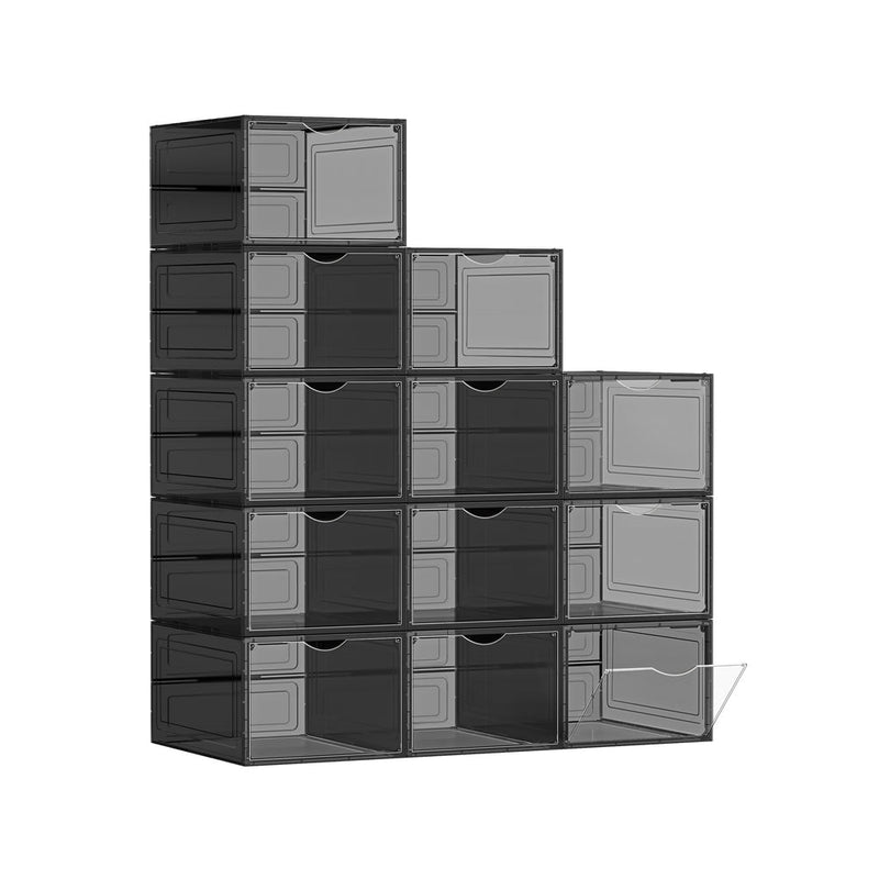 Stack of black shoe storage boxes with clear front doors