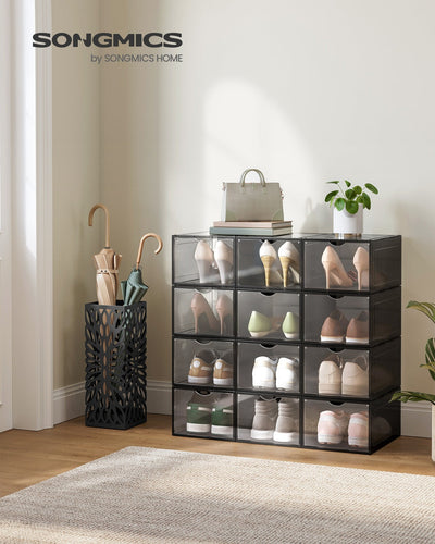Shoe storage box shown with front door open holding a pair of shoes