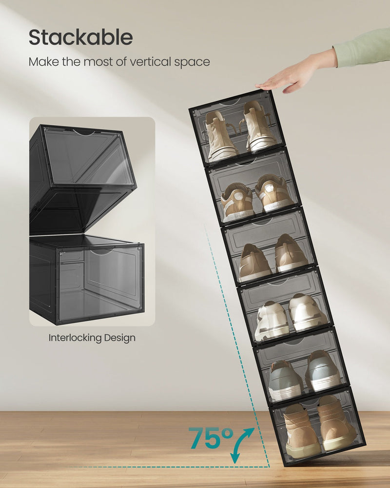 Shoe boxes connected side by side using plastic studs