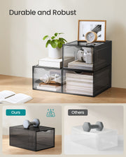 Shoe storage boxes arranged in a hallway entryway