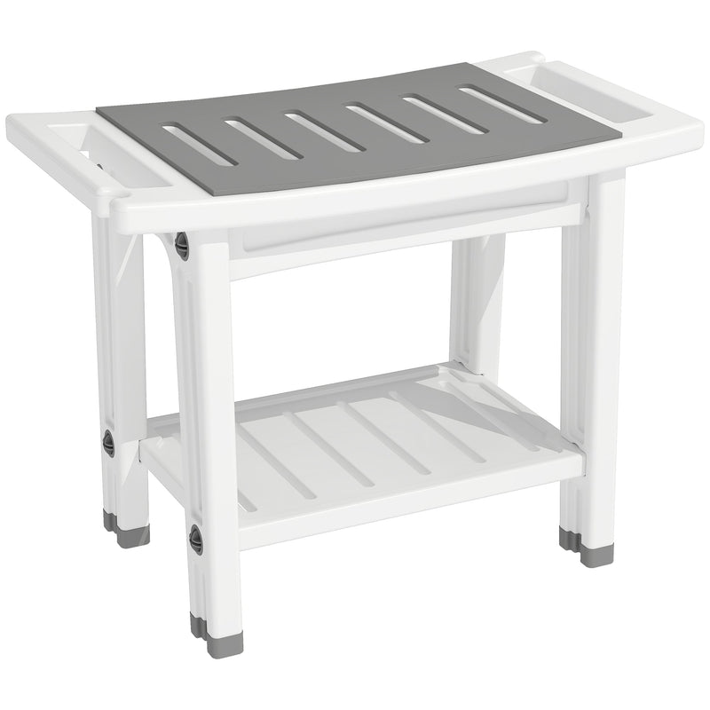 White shower stool with grey slatted seat pad and lower storage shelf on a plain background