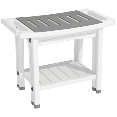 White shower stool with grey slatted seat pad and lower storage shelf on a plain background