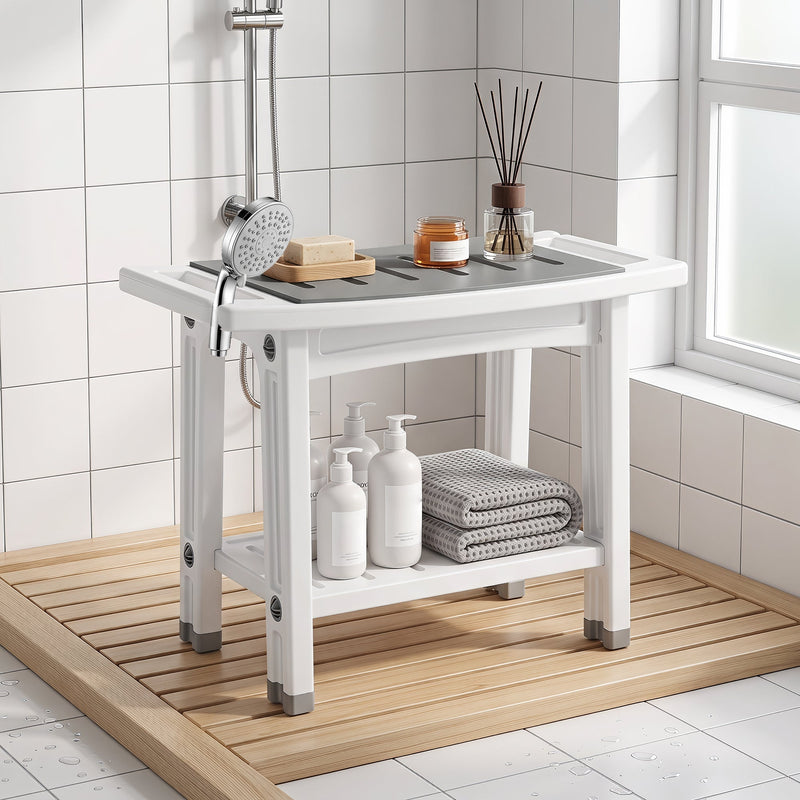 Shower stool on a wooden shower mat with toiletries and a folded grey towel on the lower shelf