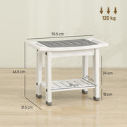 Dimensions diagram of the shower stool showing 55.5 cm width, 31.5 cm depth, 46.5 cm height and 120 kg capacity