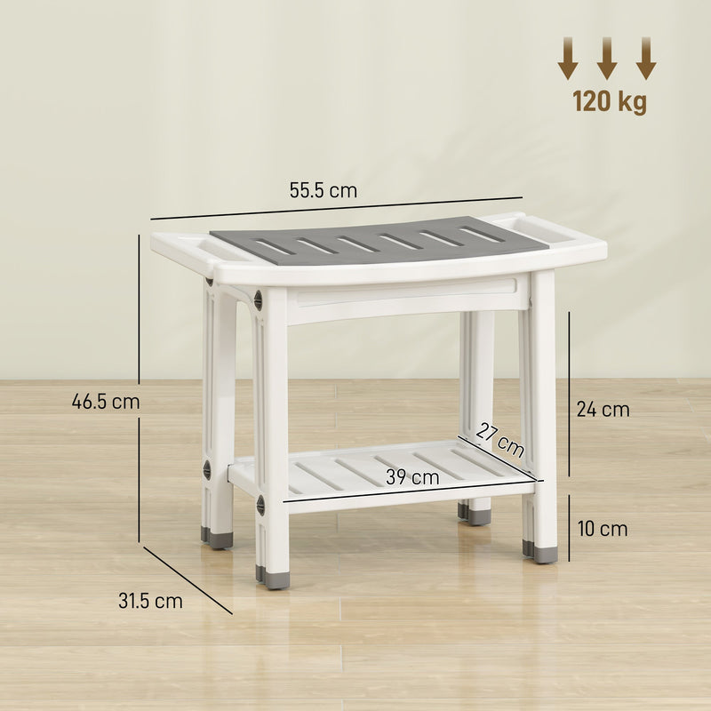 Dimensions diagram of the shower stool showing 55.5 cm width, 31.5 cm depth, 46.5 cm height and 120 kg capacity