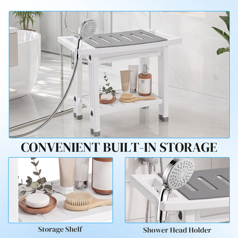 Feature panel showing the shower stool's lower storage shelf and its built-in shower head holder