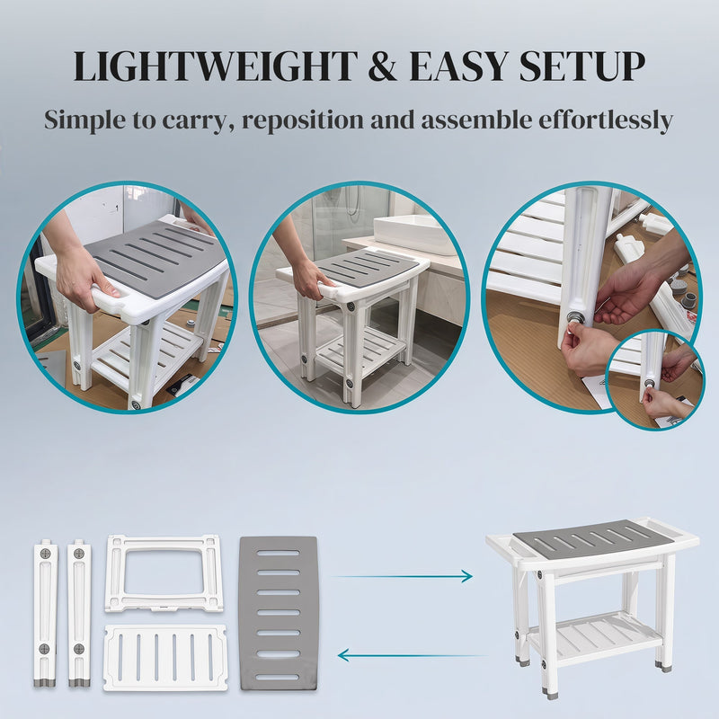 Flat-packed shower stool parts and assembly steps showing the lightweight, easy setup