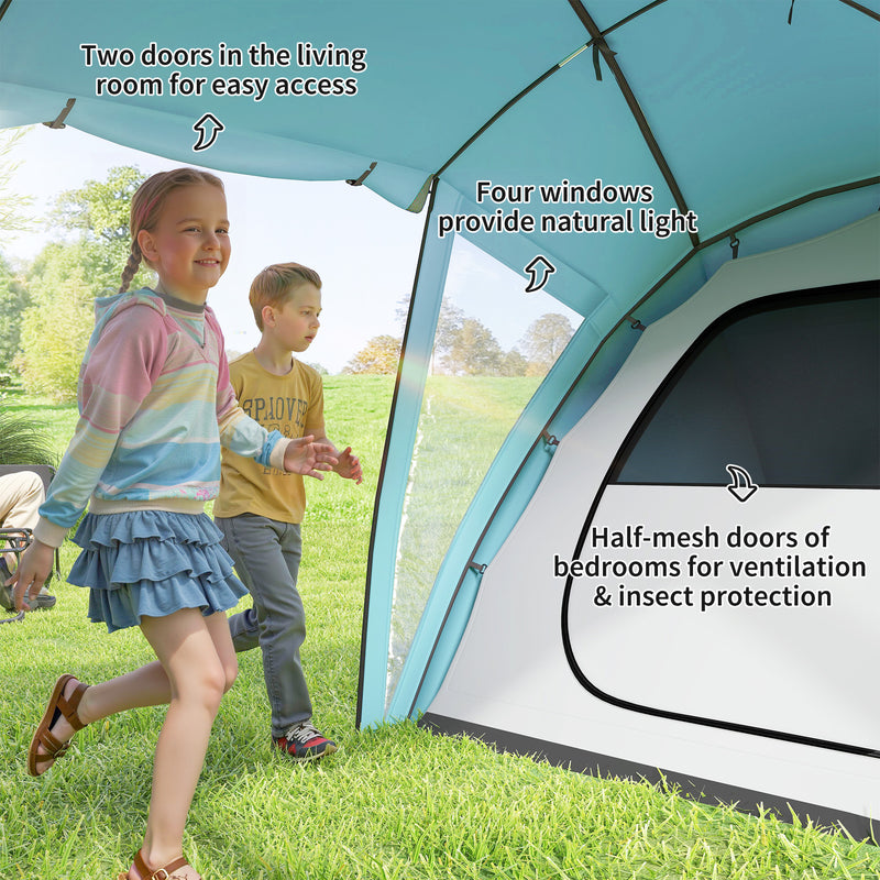 6 Person Family Camping Tent with Two Bedrooms and Living Area Waterproof Blue