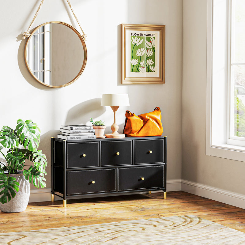 Black Faux Leather Chest of 5 Drawers With Gold Handles by HOMCOM