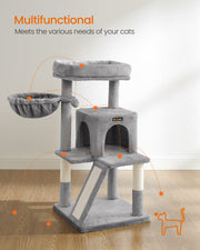 Cat tree feature map pointing out the top perch, swing basket, condo, ramp and scratching posts