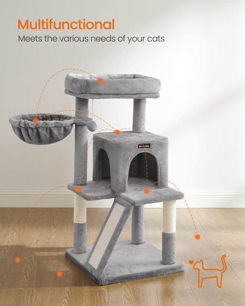 Cat tree feature map pointing out the top perch, swing basket, condo, ramp and scratching posts