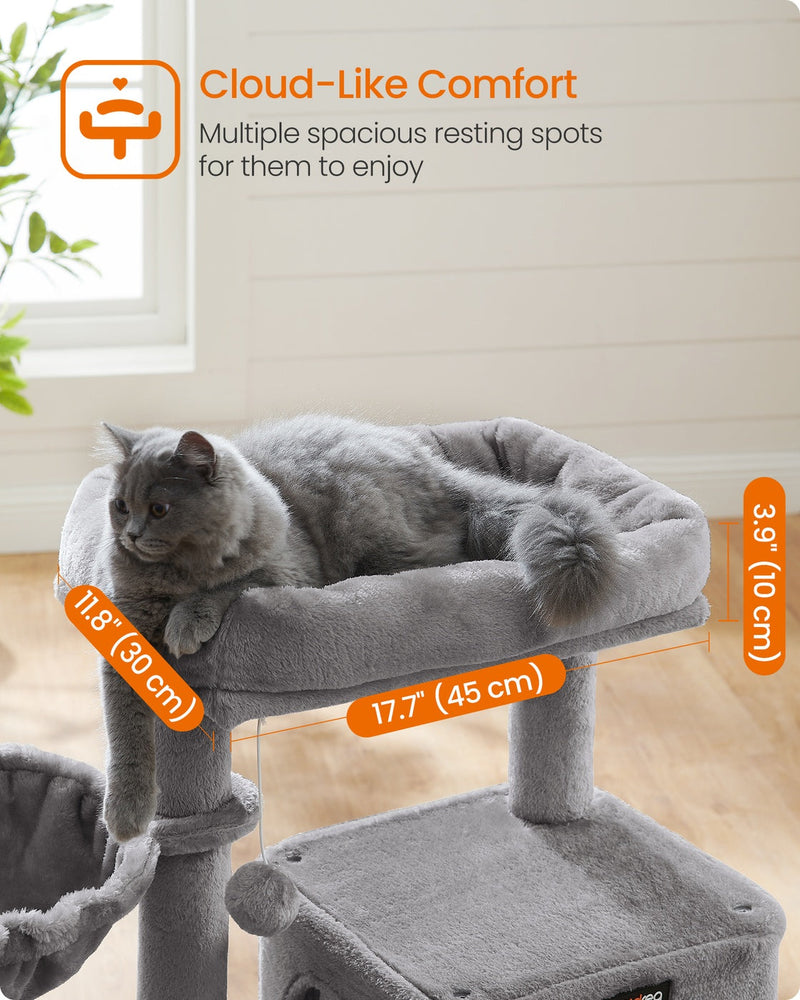 Close-up of the 45 x 30 cm top perch with its 10 cm raised rim and a grey cat lying on it