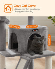 Close-up of the 30 x 30 cm cat condo measuring 28 cm high with a grey cat sitting in the doorway