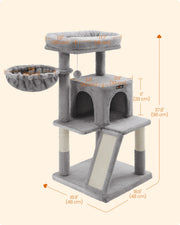 Dimension diagram showing the cat tree at 48 x 48 x 96 cm with perch, basket and condo sizes