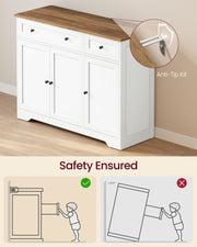 Cloud white sideboard with a close-up of the anti-tip kit and wall-fixing safety diagram