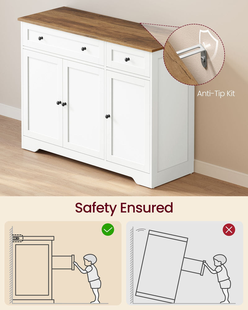 Cloud white sideboard with a close-up of the anti-tip kit and wall-fixing safety diagram