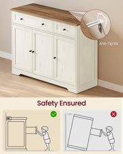 Rustic white sideboard with a close-up of the anti-tip kit fixing