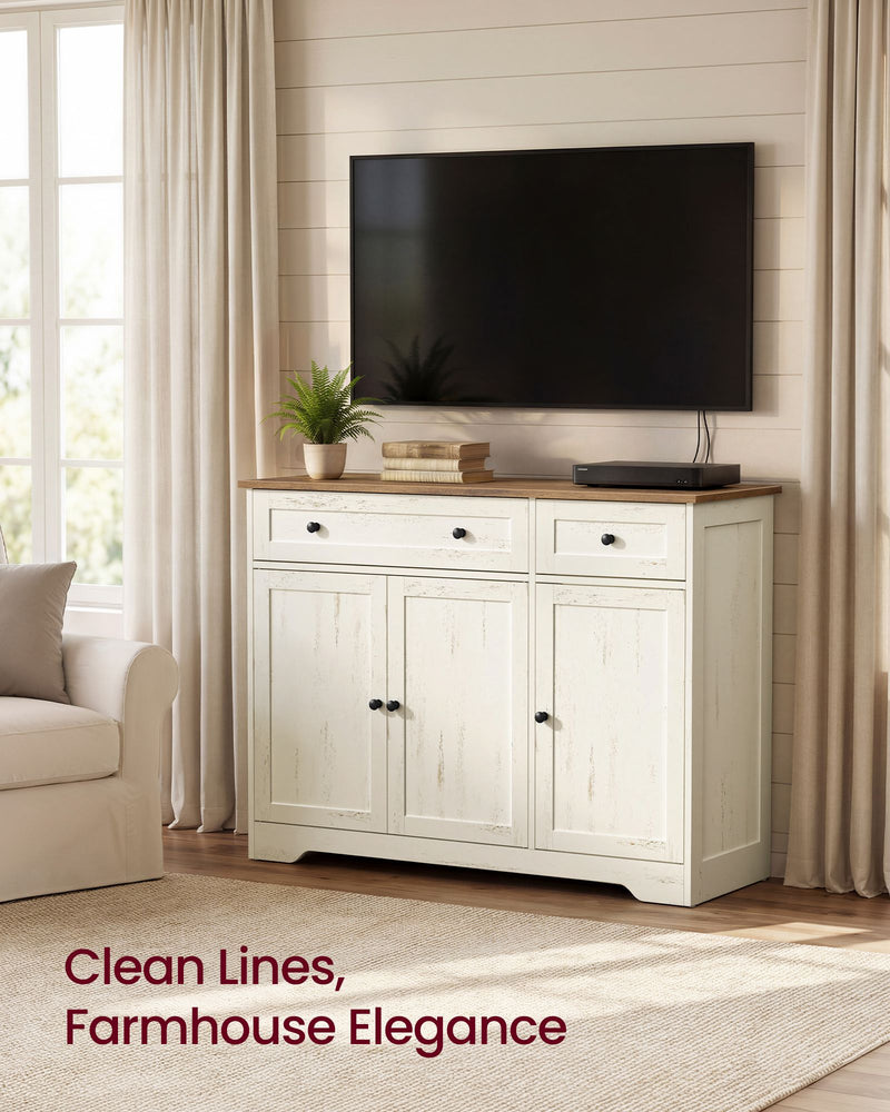 Rustic white sideboard used as a TV stand in a living room