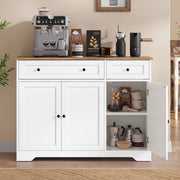 Cloud white and honey brown farmhouse sideboard styled as a coffee station with one door open