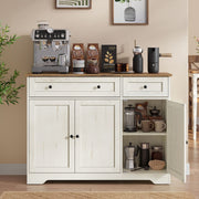 Rustic white and honey brown farmhouse sideboard with a coffee machine on top and one door open