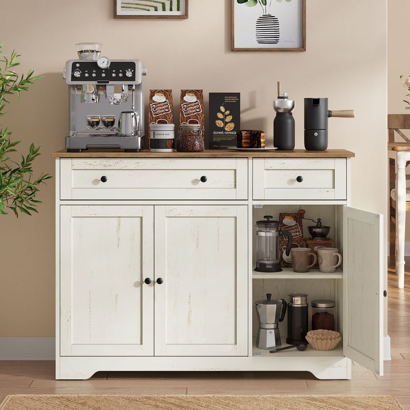 Rustic white and honey brown farmhouse sideboard with a coffee machine on top and one door open