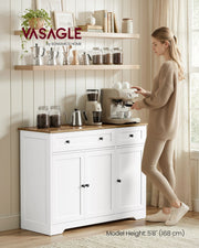 Woman making coffee beside the cloud white sideboard under floating shelves