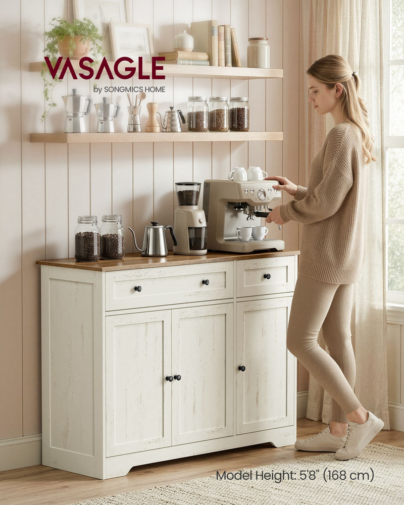 Woman making coffee beside the rustic white sideboard under floating shelves
