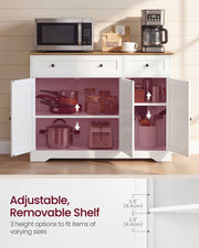 Cloud white sideboard with doors open showing adjustable shelves and 6.4 cm shelf steps