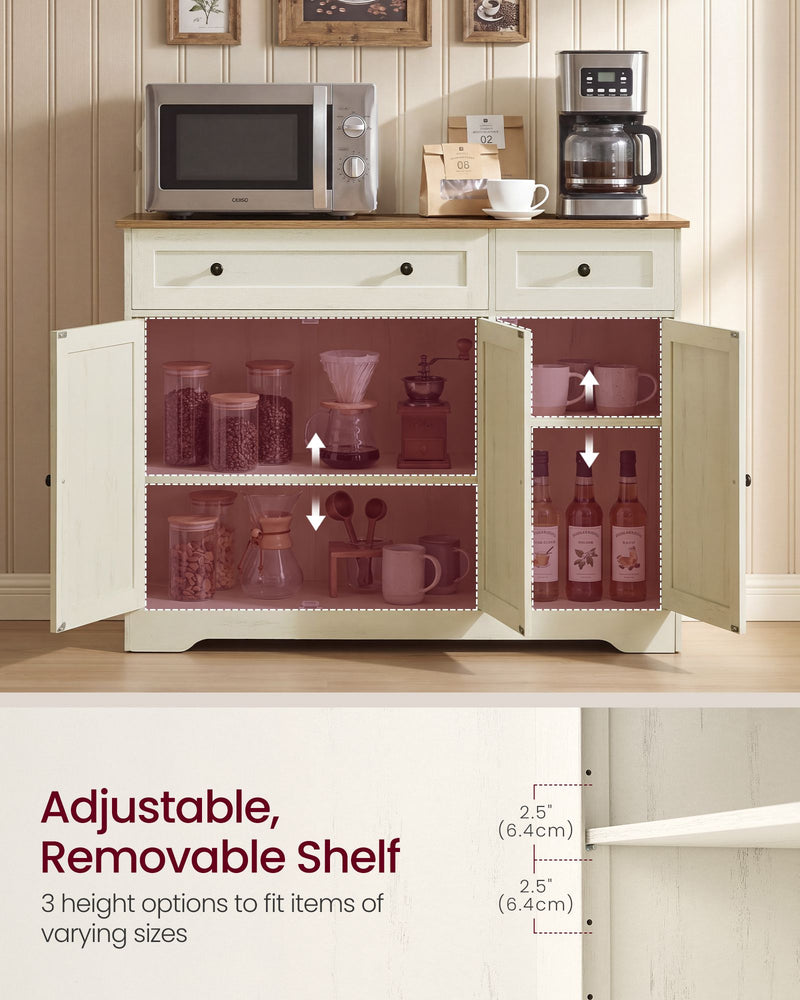 Rustic white sideboard with doors open showing adjustable shelves and 6.4 cm shelf steps