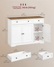 Dimensions diagram of the 107 x 40 x 80 cm sideboard with 155 kg load and drawer sizes