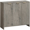 Grey woodgrain sideboard cabinet with 3 doors and gold-tone handles on a plain background