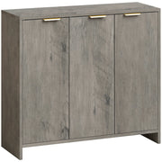 Grey woodgrain sideboard cabinet with 3 doors and gold-tone handles on a plain background