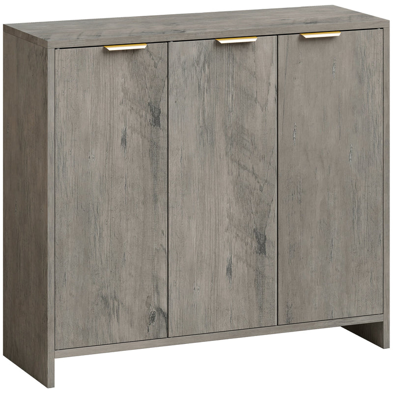 Grey woodgrain sideboard cabinet with 3 doors and gold-tone handles on a plain background