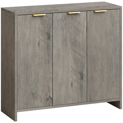 Grey woodgrain sideboard cabinet with 3 doors and gold-tone handles on a plain background