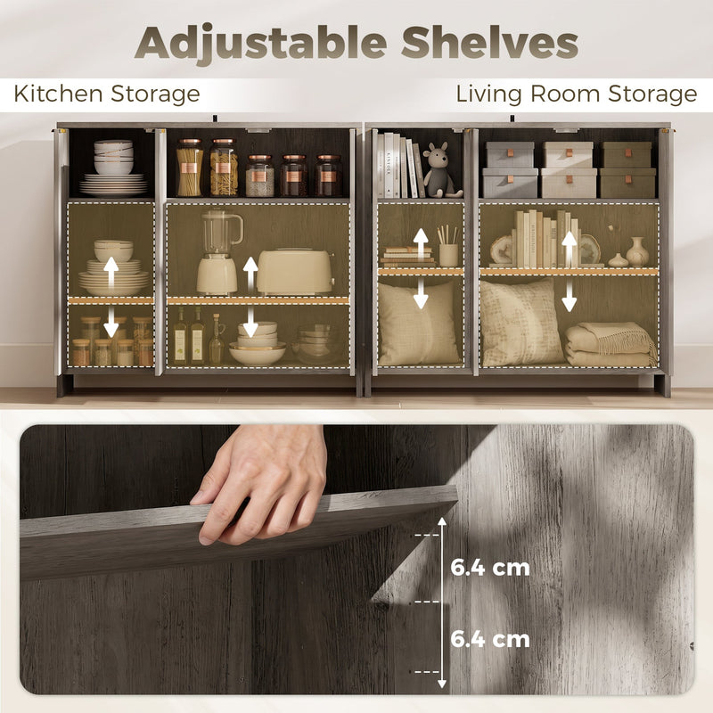 Panel showing the sideboard's adjustable shelves in kitchen and living room use, moving in 6.4 cm steps