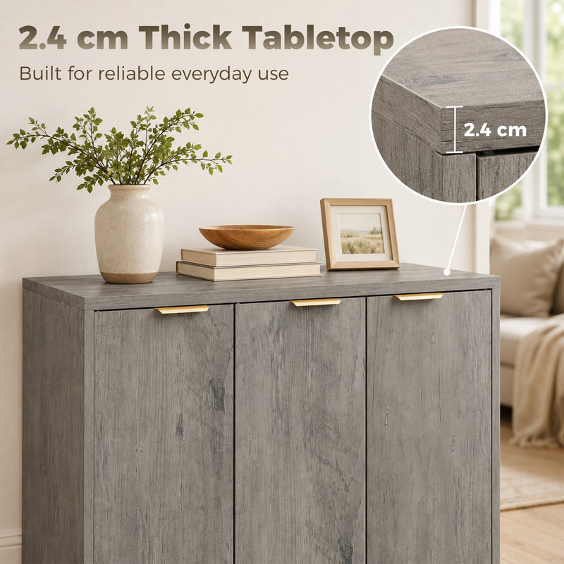 Close-up of the sideboard's 2.4 cm thick grey woodgrain tabletop with a vase and picture frame