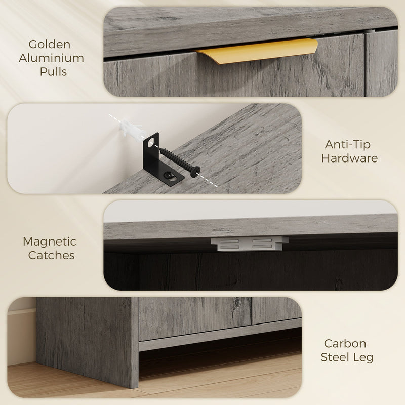 Feature panel showing golden aluminium pulls, anti-tip wall hardware, magnetic catches and carbon steel leg