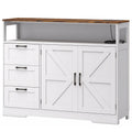White farmhouse sideboard cabinet with barn-style doors, three drawers and open shelf