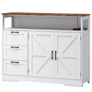 White farmhouse sideboard cabinet with barn-style doors, three drawers and open shelf